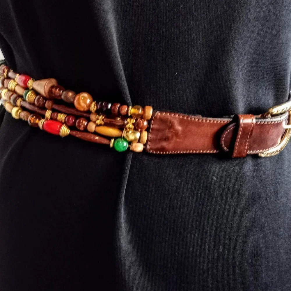 Italian Leather Multi-Strand Wood Stone Bead Belt